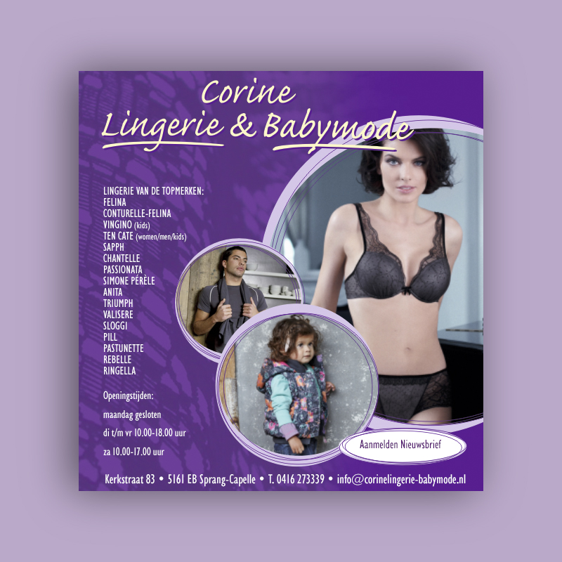 Felina, Conturelle-Felina, Vingino, Ten Cate, Sapph, Chantelle, Passionata, Simon Perele, Anita, Triumph, Valisere, Sloggi, Pill, Pastunette, Rebelle, Ringella